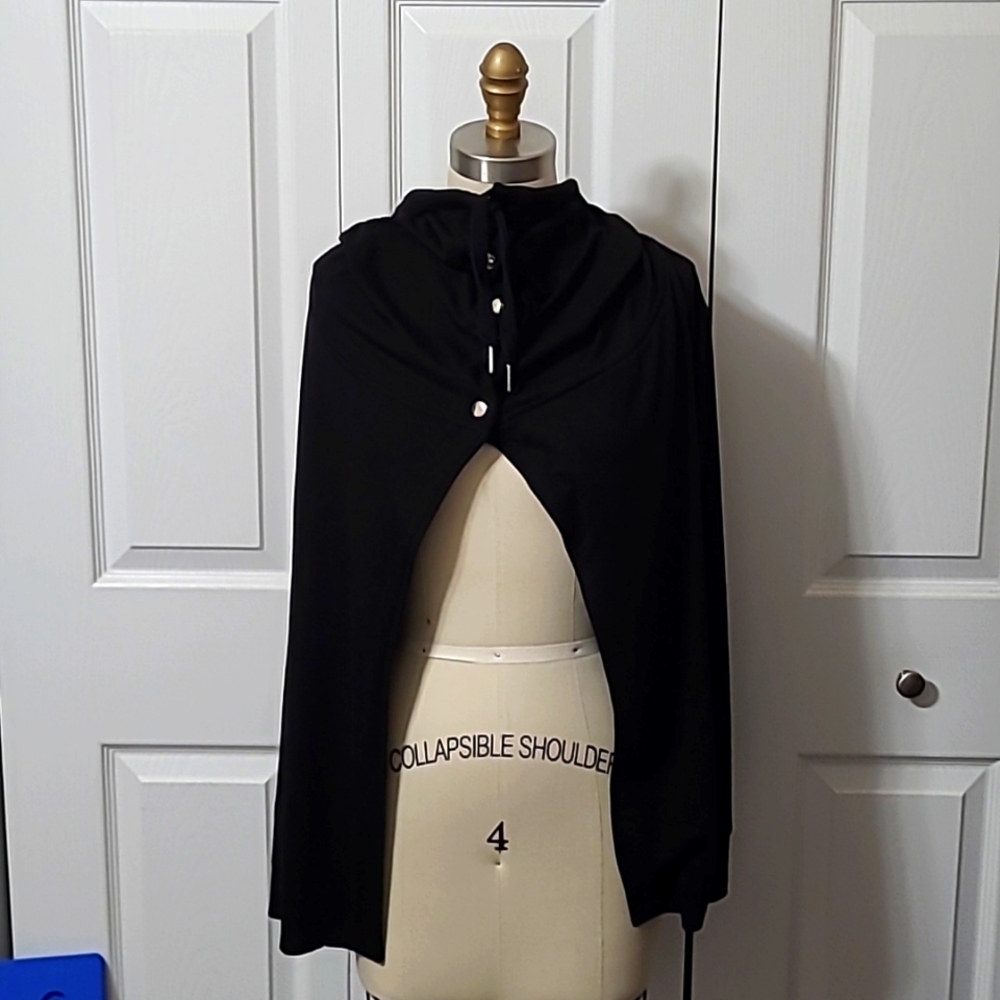 Black Long-Sleeved Open Cardigan Cape Shawl, Size Medium, Snaps at Neck, LikeNew